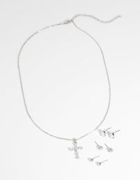 Rhodium Diamond Simulant Cross Necklace and Earrings Set - link has visual effect only