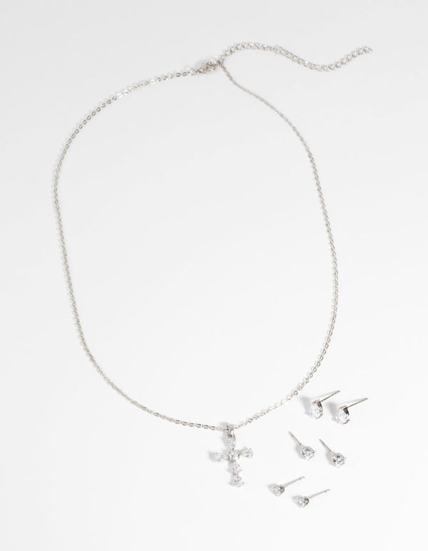 Rhodium Diamond Simulant Cross Necklace and Earrings Set