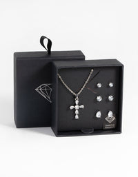 Rhodium Diamond Simulant Cross Necklace and Earrings Set - link has visual effect only