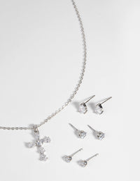 Rhodium Diamond Simulant Cross Necklace and Earrings Set - link has visual effect only