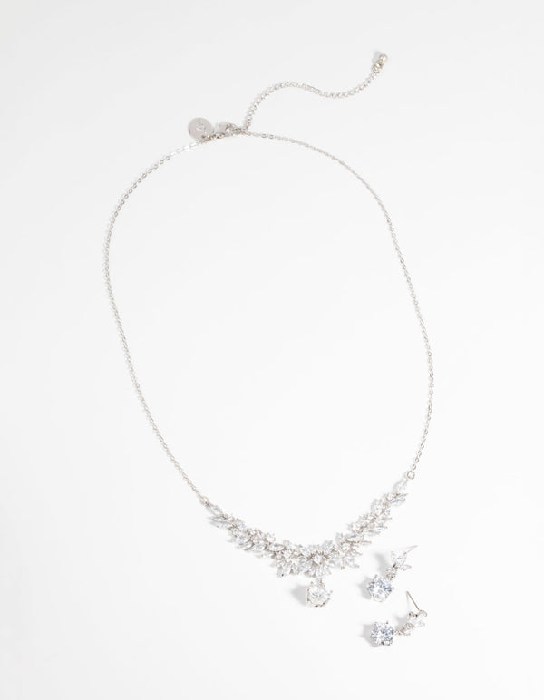 Rhodium Diamond Simulant Navette Necklace and Earrings Set