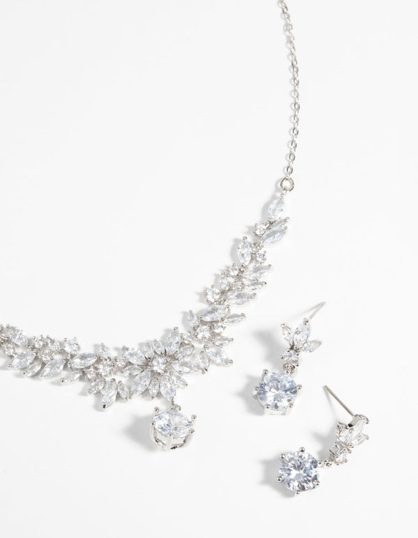 Rhodium Diamond Simulant Navette Necklace and Earrings Set