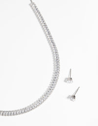 Rhodium Diamond Simulant Baguette Necklace and Earrings Set - link has visual effect only