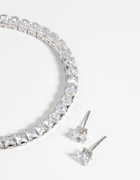 Rhodium Square Diamond Simulant Bracelet and Earrings Set - link has visual effect only