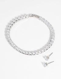 Rhodium Square Diamond Simulant Bracelet and Earrings Set - link has visual effect only