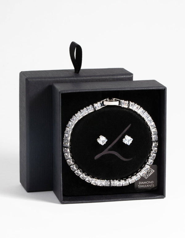 Rhodium Square Diamond Simulant Bracelet and Earrings Set