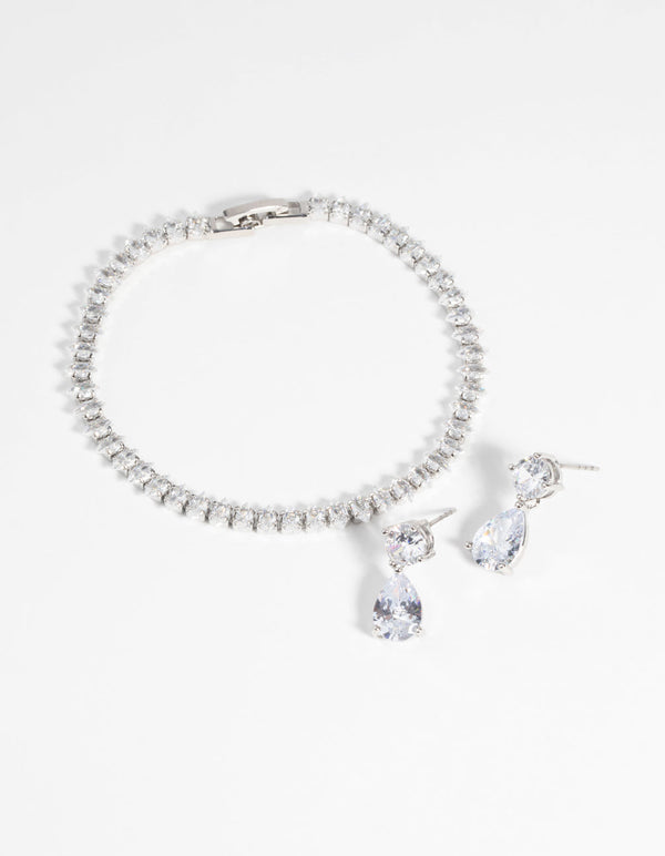 Rhodium Diamond Simulant Marquise Bracelet and Earrings Set