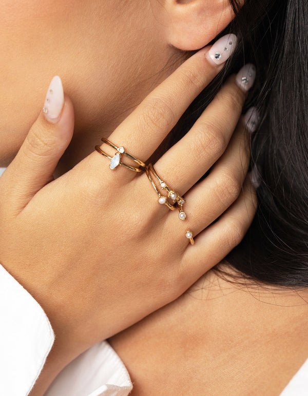 Vergulde ringstapelset met zoetwaterparels