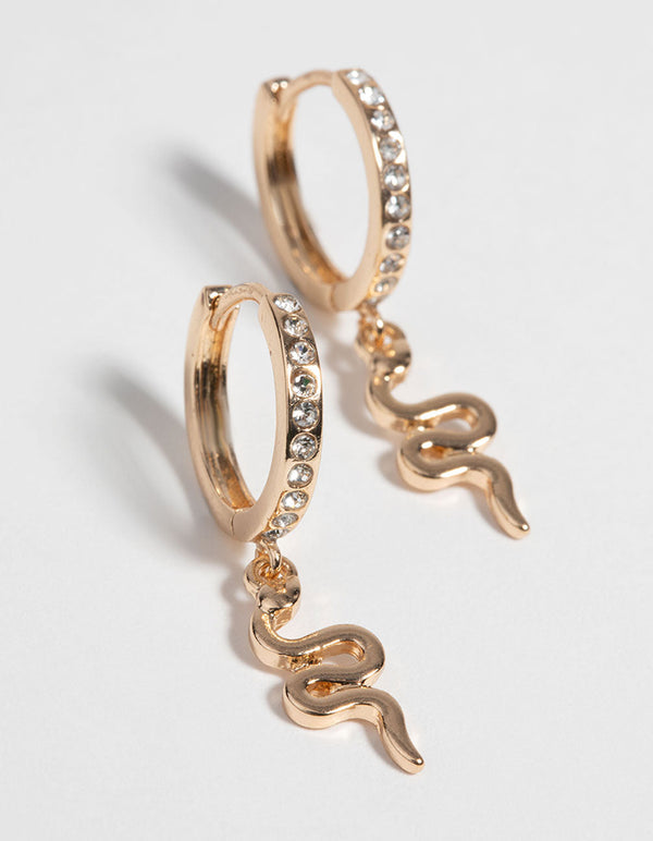 Gold Snake and Diamante Huggie Hoop Earrings