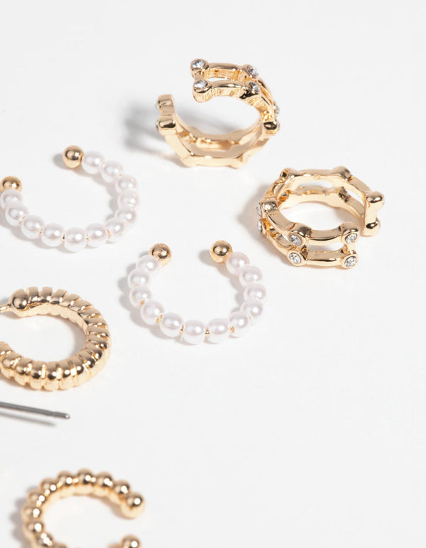 Gold Pearl and Twist Cuff Earring Pack