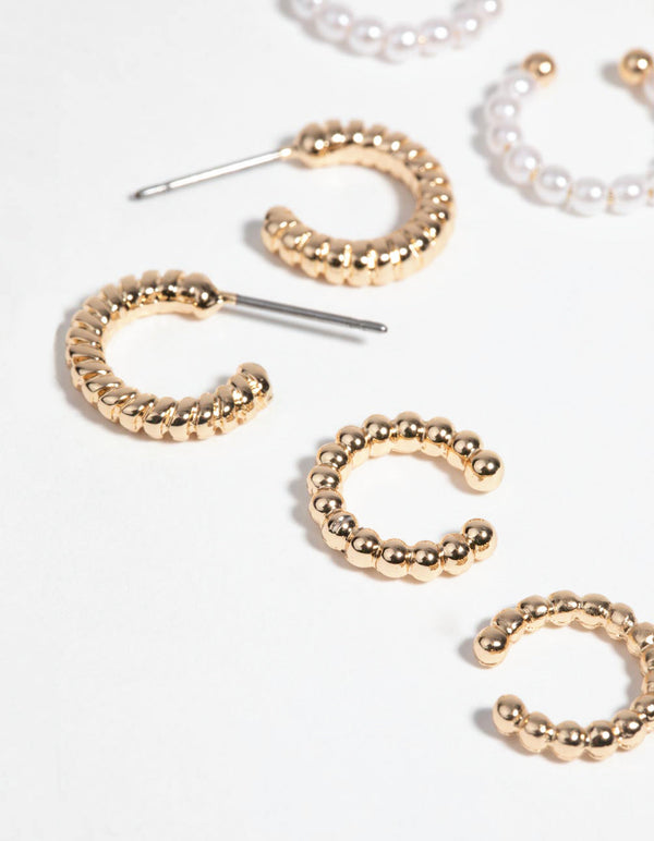 Gold Pearl and Twist Cuff Earring Pack