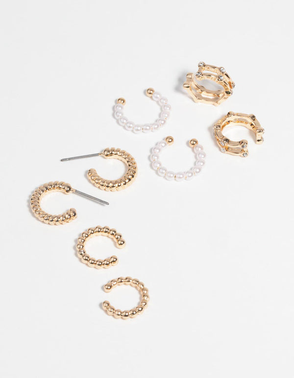 Gold Pearl and Twist Cuff Earring Pack