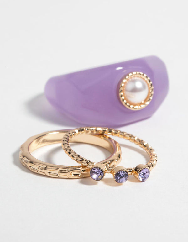 Purple Pearl and Diamante Ring Pack