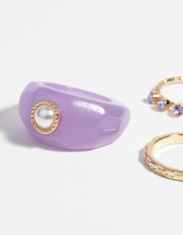 Purple Pearl and Diamante Ring Pack