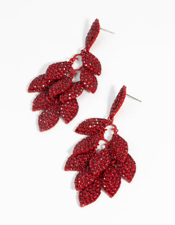 Red Diamante and Leaf Earrings