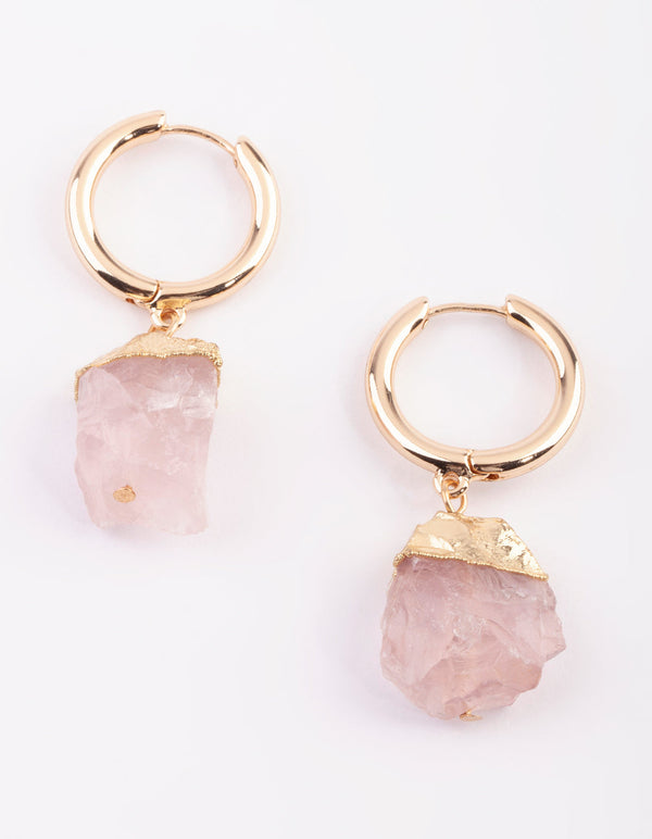 Gold Huggie Earrings with Rose Quartz