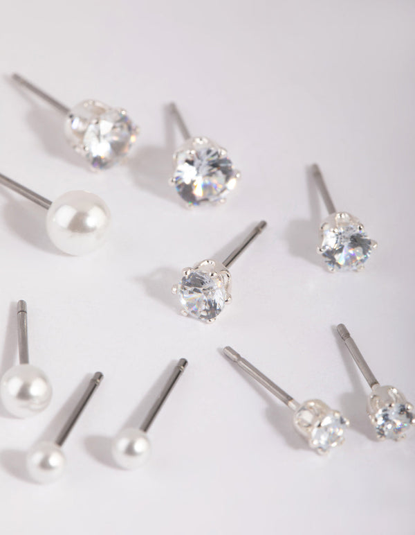 Silver Cubic Zirconia and Pearl Stud Earring Pack