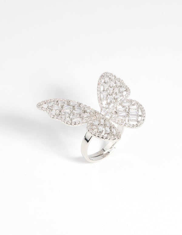 Rhodium Cubic Zirconia Butterfly Statement Ring
