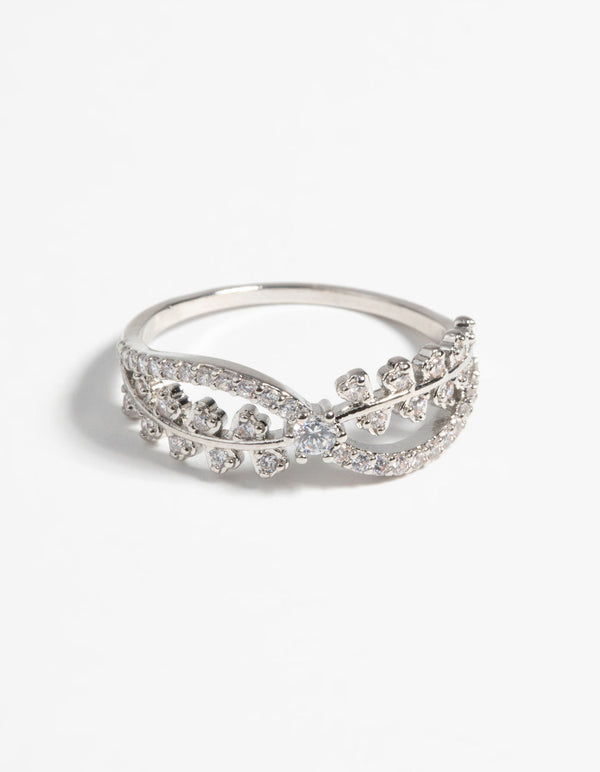 Rhodium Cubic Zirconia Cross Over Ring
