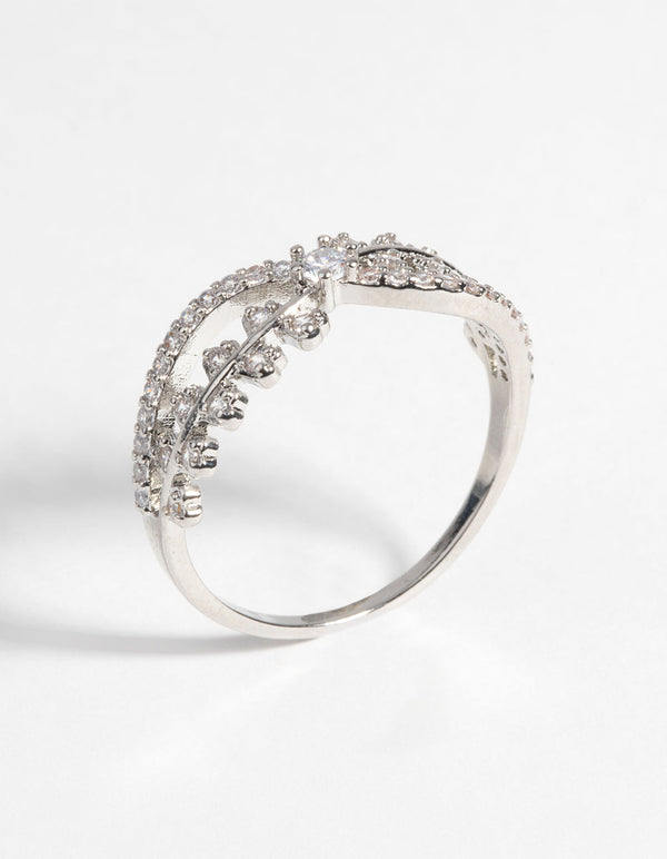 Rhodium Cubic Zirconia Cross Over Ring