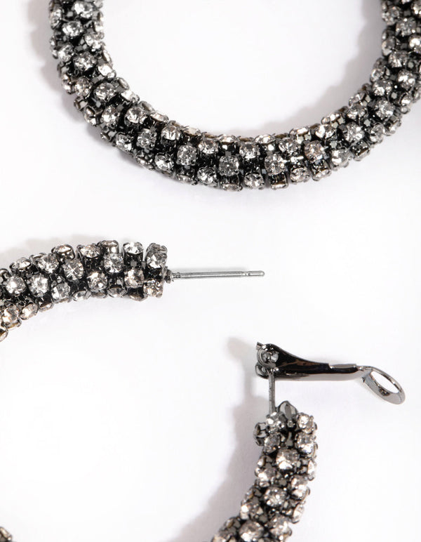Gunmetal Diamante Hoop Earrings