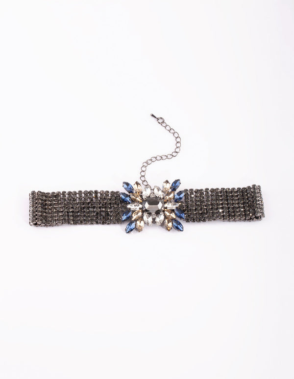 Gunmetal Diamante Flower Choker Necklace
