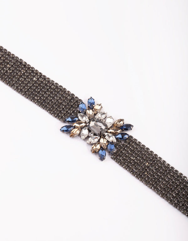 Gunmetal Diamante Flower Choker Necklace