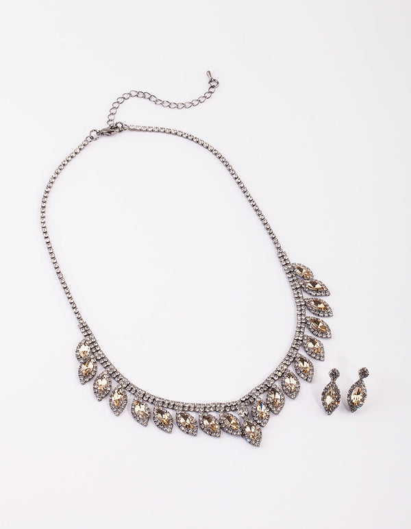 Gunmetal Marquise Diamante Necklace and Earrings Set