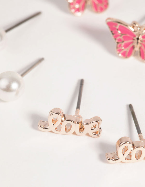 Rose Gold Love and Butterfly Stud Earring Pack