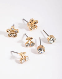 Gold Cherry and Flower Diamante Stud Earring Pack - link has visual effect only