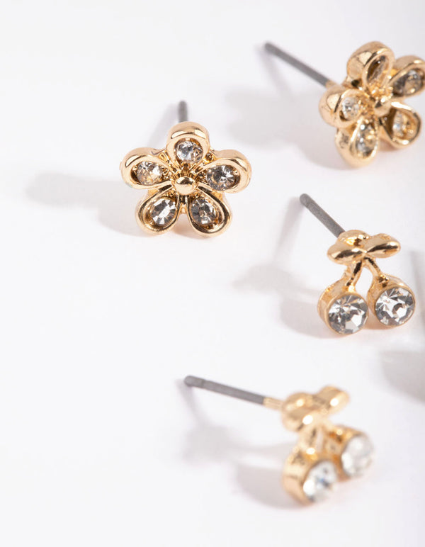 Gold Cherry and Flower Diamante Stud Earring Pack