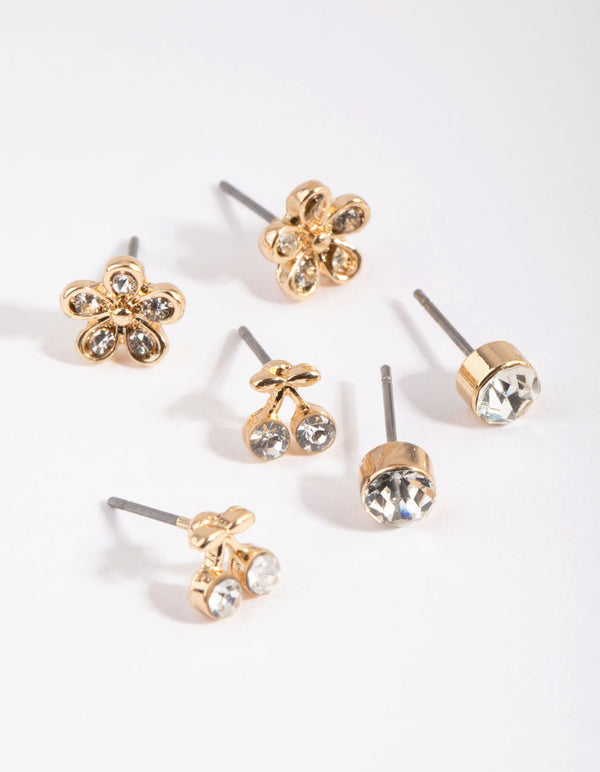 Gold Cherry and Flower Diamante Stud Earring Pack