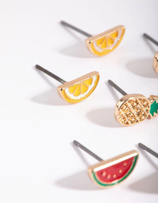 Gold Summer Fruit Stud Earring Pack