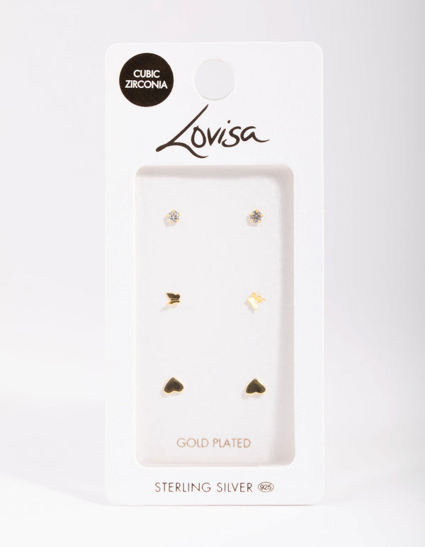 Gold Plated Sterling Silver Heart and Butterfly Stud Earring Pack