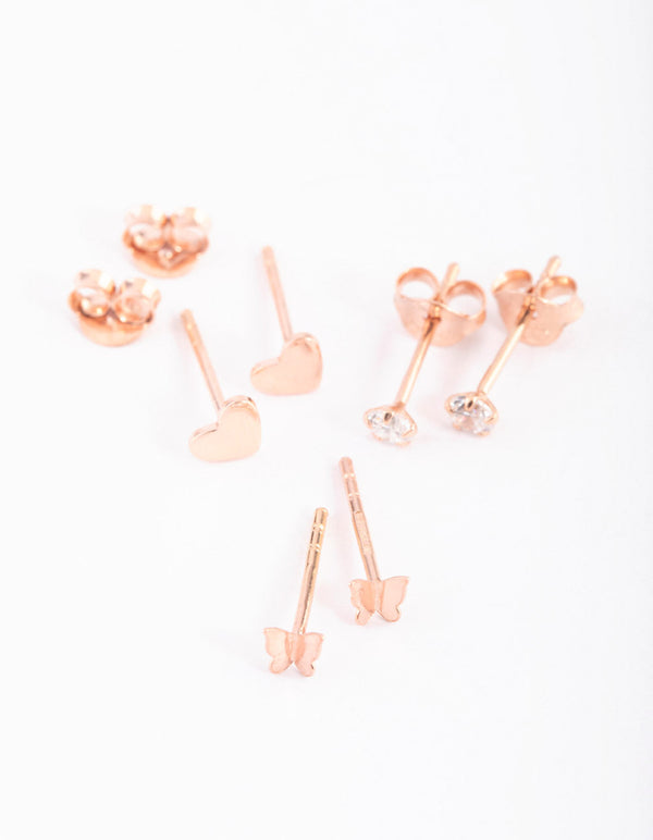 Rose Gold Plated Sterling Silver Heart and Butterfly Stud Earring Pack