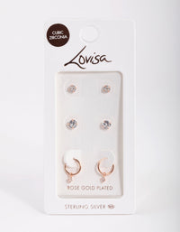 Rose Gold Plated Sterling Silver Cubic Zirconia Stud and Hoop Earring Pack - link has visual effect only