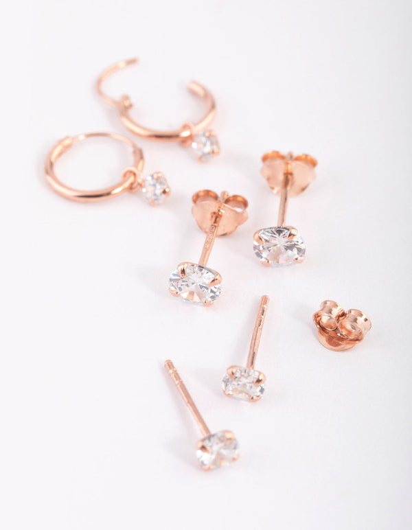 Rose Gold Plated Sterling Silver Cubic Zirconia Stud and Hoop Earring Pack