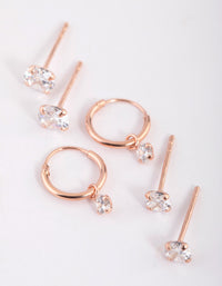 Rose Gold Plated Sterling Silver Cubic Zirconia Stud and Hoop Earring Pack - link has visual effect only