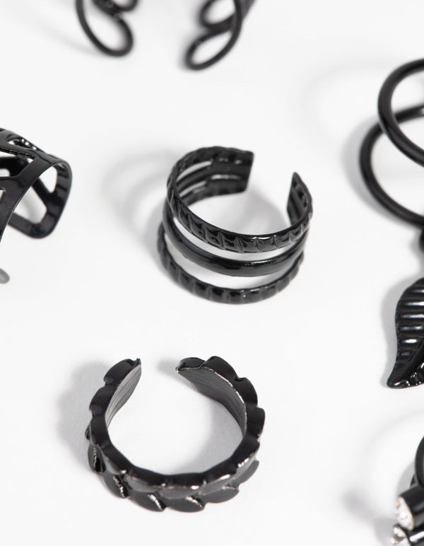Matte Black Textured Leaf Ear Cuff Earring Pack