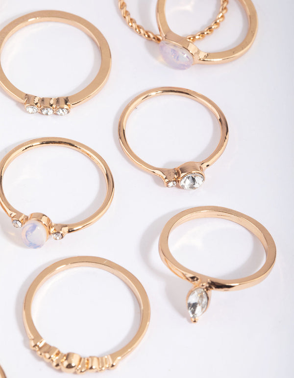Gold Moonstone and Diamante Ring Stack Pack