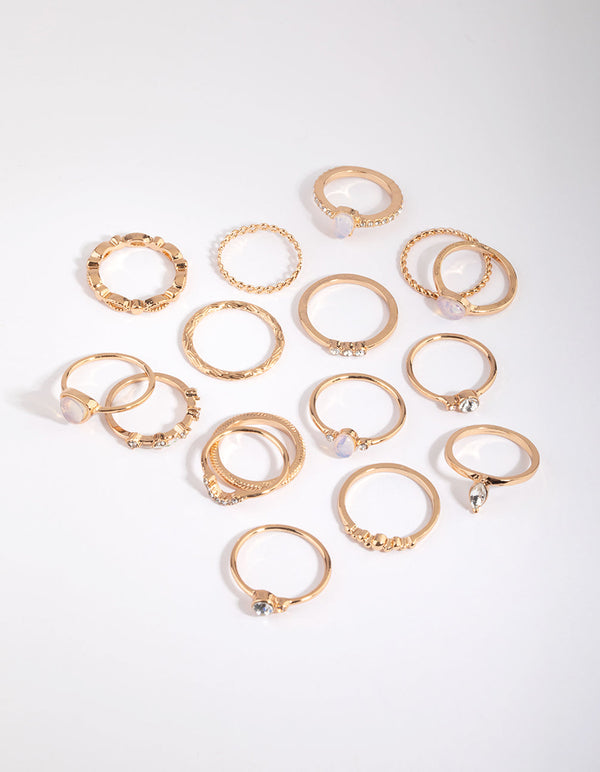 Gold Moonstone and Diamante Ring Stack Pack