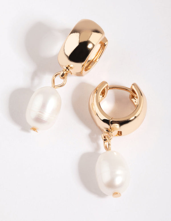 Gold Chunky Pearl Huggie Hoop Earrings