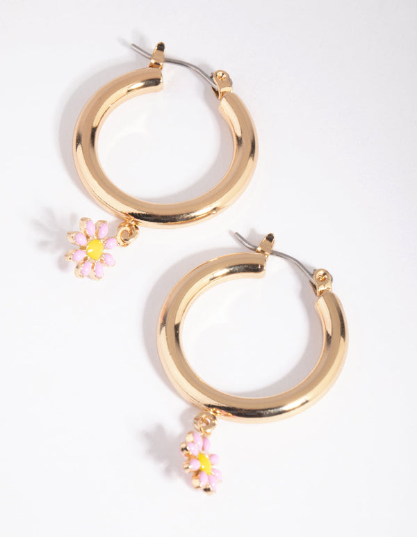Pink Beaded Daisy Hoop Earrings