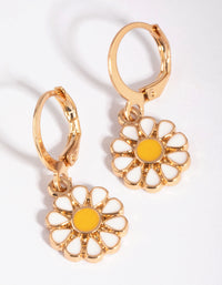 Gold Daisy Charm Huggie Hoop Earrings - link has visual effect only