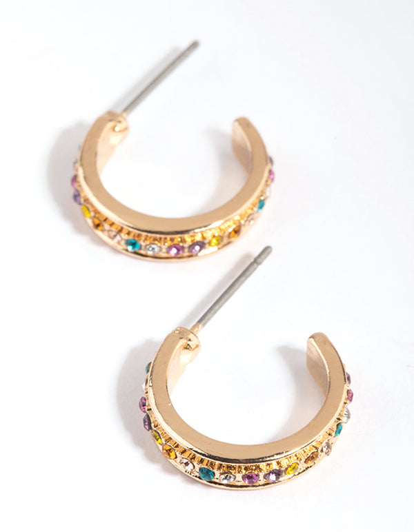 Gold Colourful Diamante Hoop Earrings
