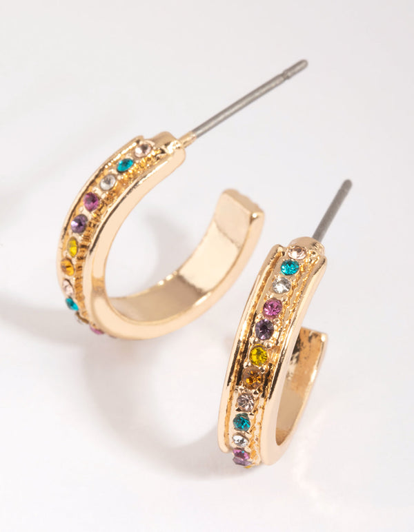Gold Colourful Diamante Hoop Earrings