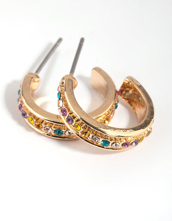 Gold Colourful Diamante Hoop Earrings