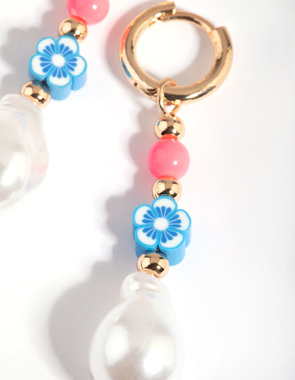 Gold Bright Bead and Pearl Huggie Hoop Earrings