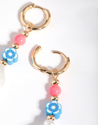 Gold Bright Bead and Pearl Huggie Hoop Earrings - link has visual effect only