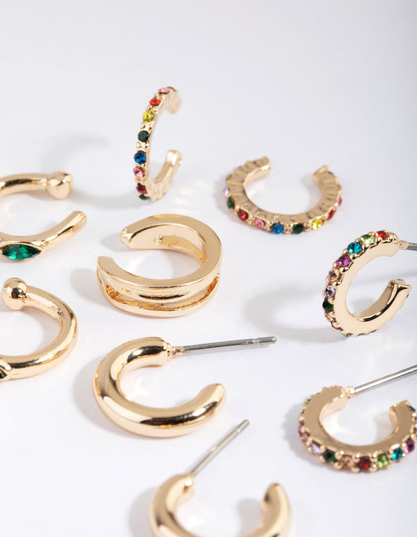 Gold and Colourful Cuff and Huggie Hoop Earring Stack Pack
